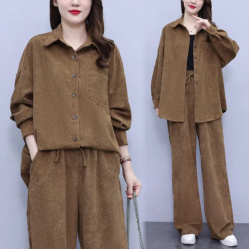 Corduroy Jacket Tops And Pants Set 2023 Autumn Large Size Women's Loose Cardigan Casual Trousers Two Piece Tracksuit Z3079