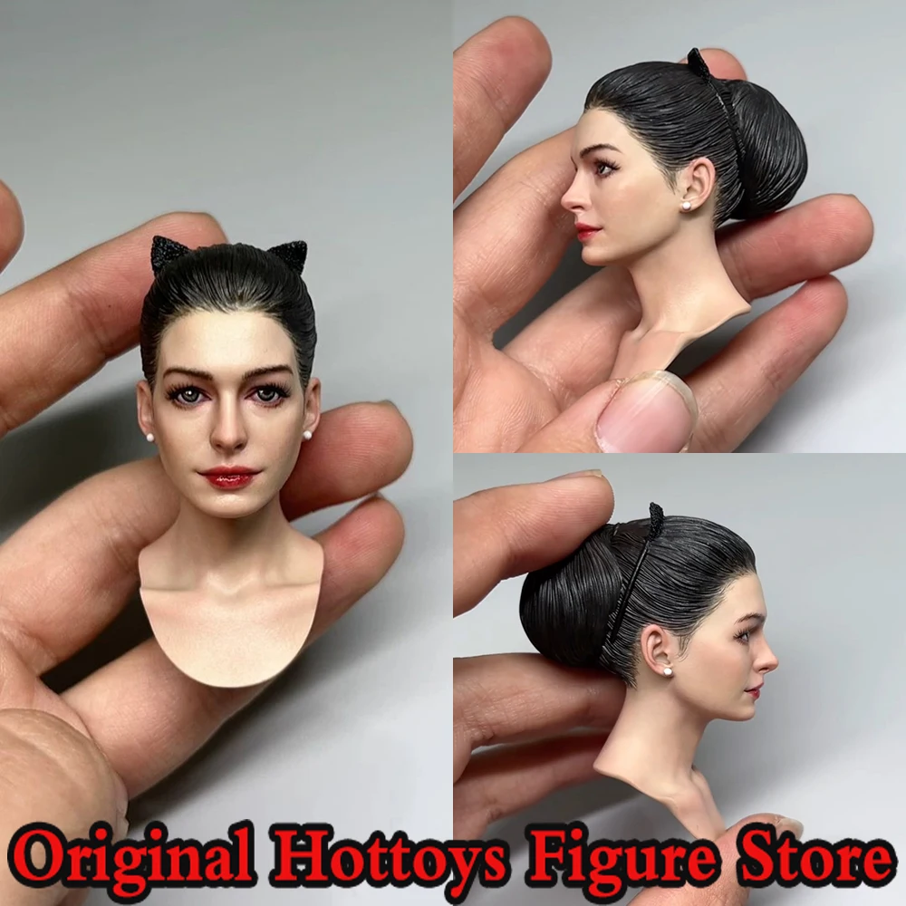 

1/6 Scale Female Soldier Head Sculpture Anne Hathaway Cat Girl Painting Head Carving For 12-inches Action Figure Doll Body