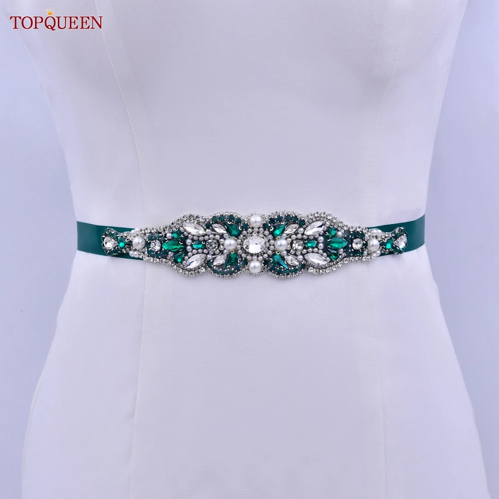 

TOPQUEEN S87 Bridal Decorative Belt Female Women Wedding Party Evening Dress Accessories Dark Green Rhinestones Pearls Crystal