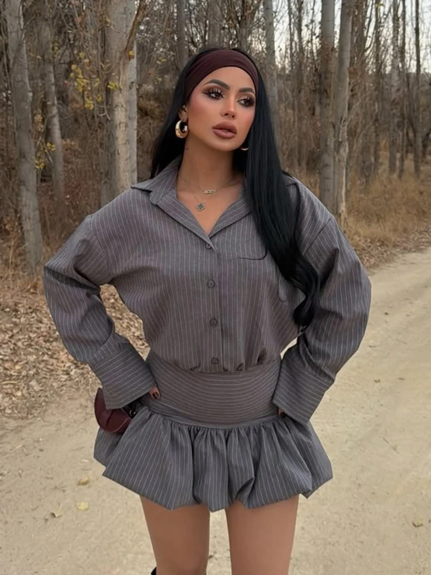 

Marthaqiqi Loose Ladies Nightgown Set Turn-Down Collar Sleepwear Long Sleeve Nightwear Skirts Striped Female Pajamas Suit Spring