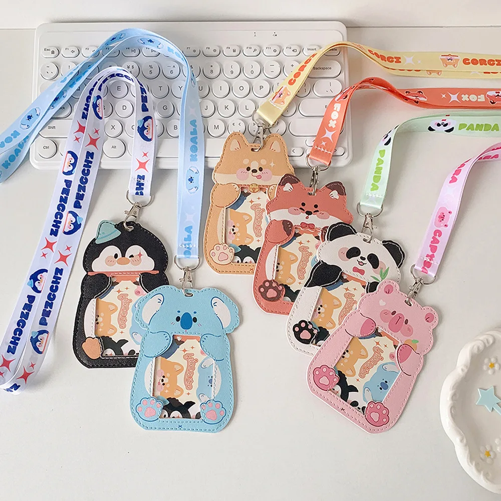 

Милый чехол для карт из ПУ с животными, 3 дюйма, для фотокарточек, студенческого удостоверения, бейджа, брелок для ключей, подвеска, чехол для проездного билета