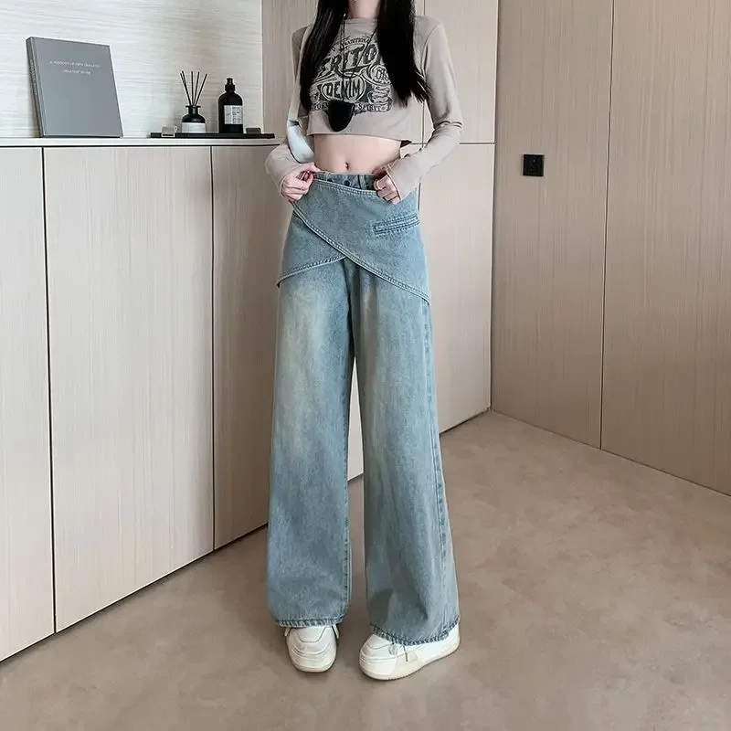 High Waist plus Size Women's Jeans Removable Waist Seal Wide Leg Pants Vintage Street Style Detachable Belt Layering Trousers