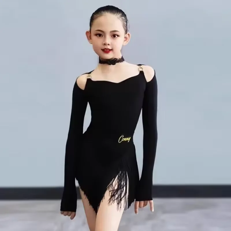 Kinderen Meisjes Latin Dans Uniform Lange Mouw Mesh Competitie Jurk Grading Split Pak Vrouwen Ballroom Dancewear Kostuums