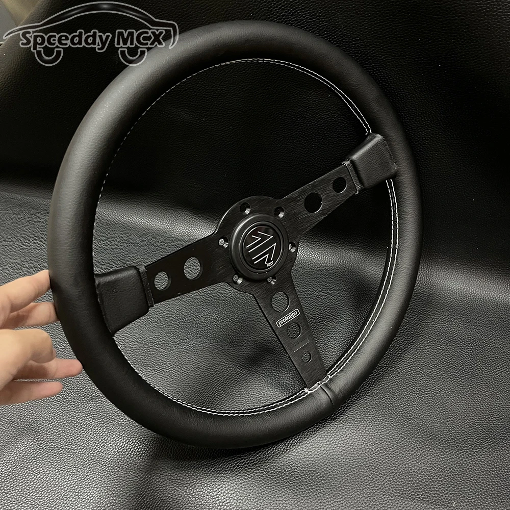 P1 14inch 350mm Real Leather Steering Wheel Car Racing Sport Flat Steering-Wheels Universal Center Steering-Control