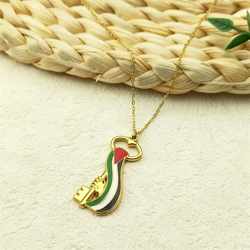 Arabic Palestine Map Flag Key Hand Necklace for Women Men Stainless Steel Enamal Gold Color Chain Jewelry Accessories collar view 3