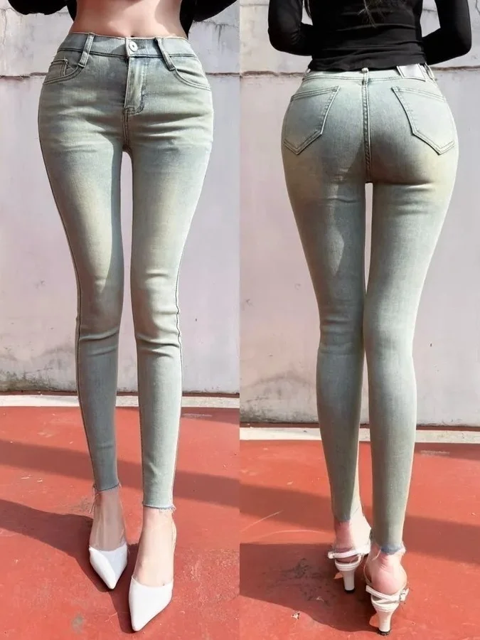

Slimming Fleece Lined High Waist Retro Washed Women's Jeans High Elasticity Cotton Stretch Denim Bootcut Pencil Pants