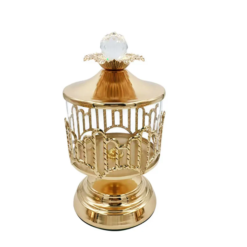 Gold-plated Candy Jar Glass Jewelry Cosmetic Cotton Swab Box Candle Holder Hollow Metal Nuts Fruit Storage Jar Home Decoration