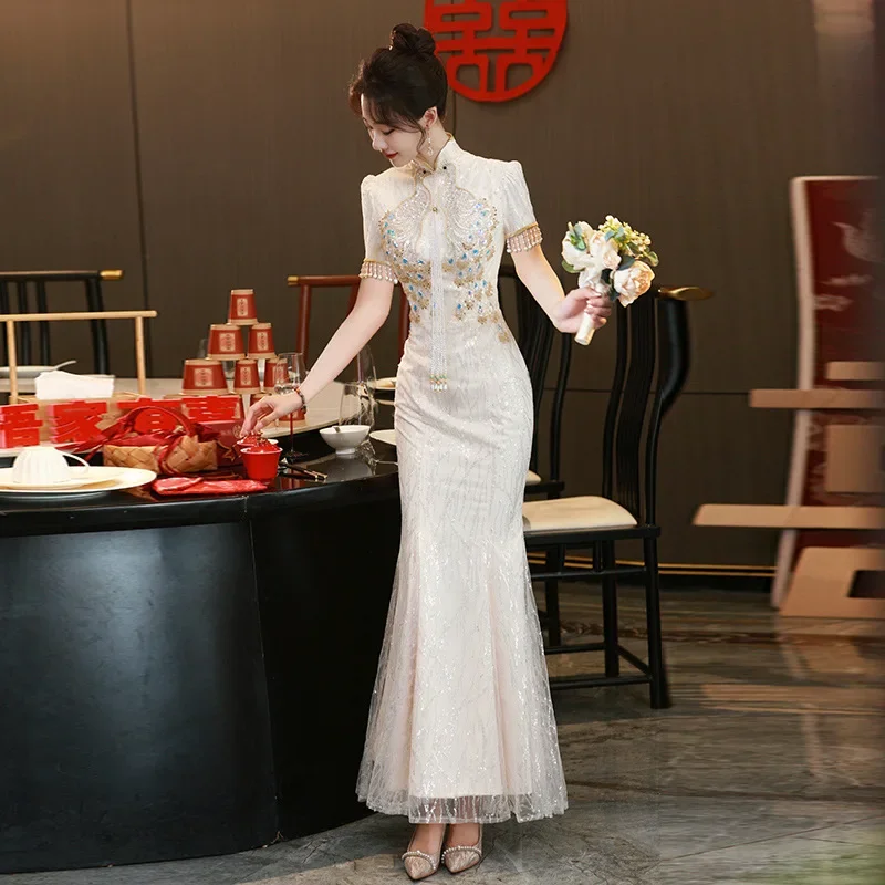 

Elegant Champange Mermaid Qipao Improved New Chinese Style Dress Women Bride Wedding Chesongam Mesh Qipao Costume Vestidos
