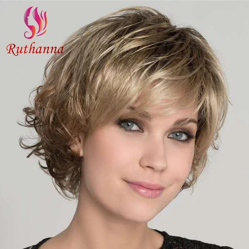 フリンジ付きの短い合成巻き毛,金髪,金髪,金髪,ふわふわ,耐熱繊維,12インチ,ピクシーカットウィッグ,日常のパーティー用