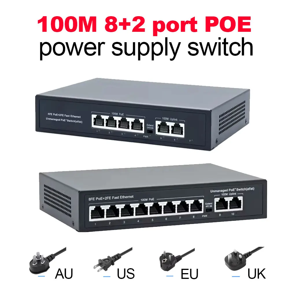 100 MBit/s 10 Ports Poe Switch ,8 * Poe Port 2 * Uplink Port Poe Switch Standard protokoll 120W eingebaute Leistung für Poe-Kamera