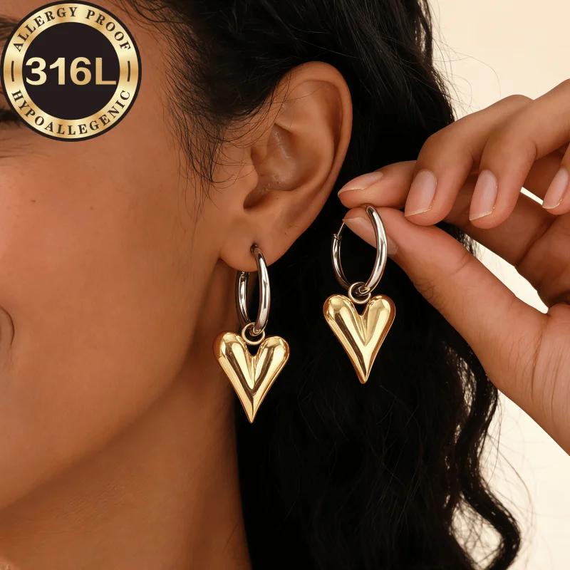 Minimalist high-end anti-allergic stainless steel, pointed peach heart two-color earrings, anti-fading, comfortable and