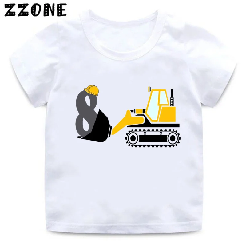 Excavator Car Print Cartoon Boys Clothes 1 2 3 4 5 6 7 8 9 Years Happy Birthday Number Kids T shirt Funny Baby Girls T-Shirts