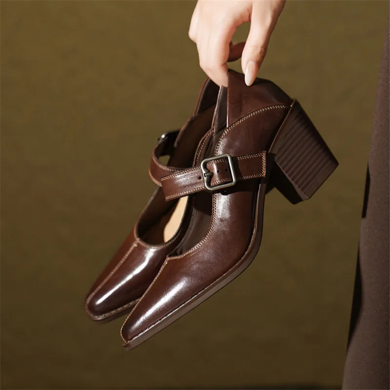 2027 Spring/Autumn Genuine Leather Women Shoes Fashion Buckle Strap Square Toe Mary Jane Shoes for Women Horsehide Women Pumps