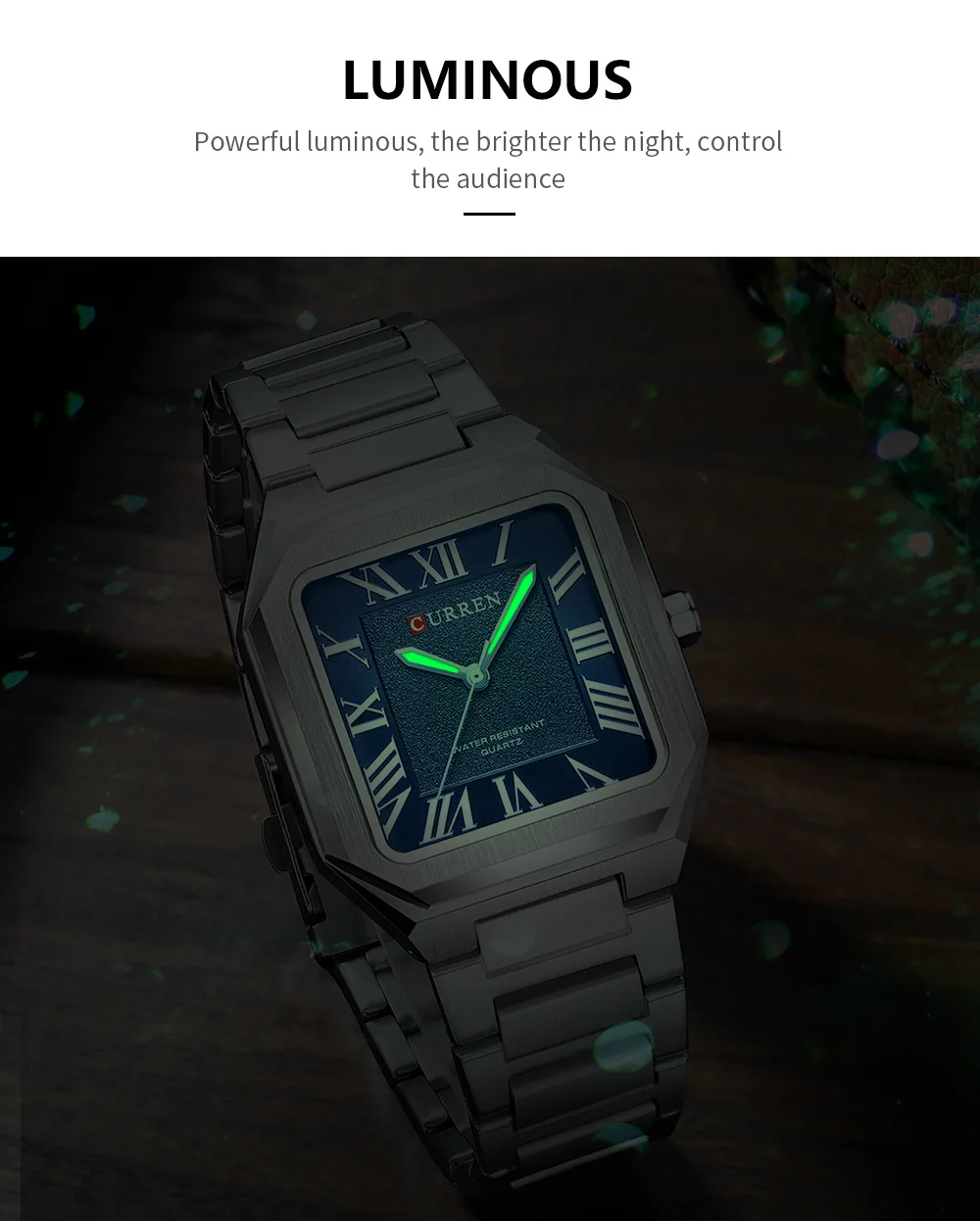 CURREN Minimalistische Eleganz Herren-Quarzuhr Quadratisches Zifferblatt mit Leuchtzeigern Edelstahlarmband Moderne Klassische Armbanduhr – Detail 6