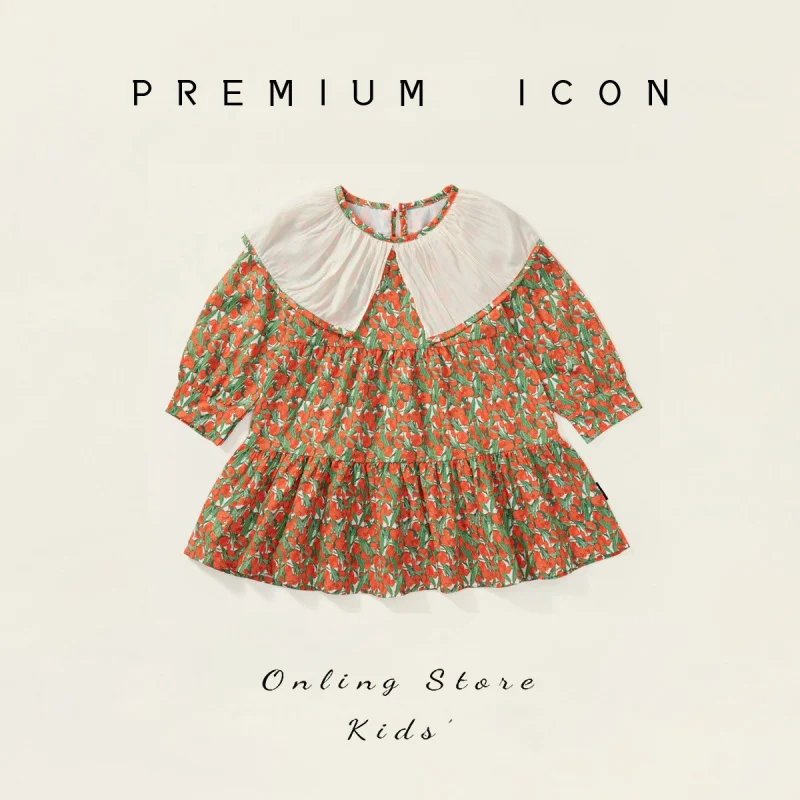 

Girls' Vintage Floral Dress Spring Autumn Korean Children's Clothing Baby Large Collar Long Sleeve Dress