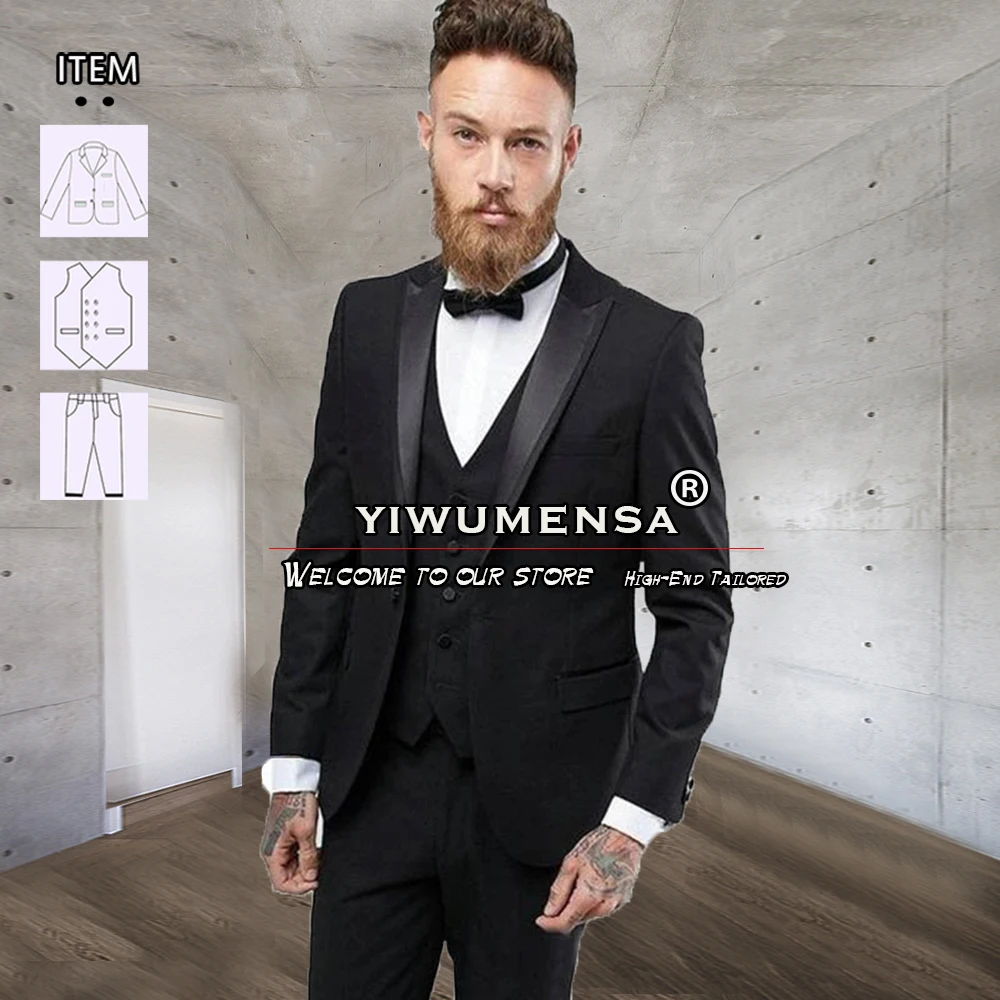 

Business Suits Men Slim Fit Black Groom Wear Wedding Tuxedo Tailor-Made 3 Pieces Jacket Vest Pants Evening Party Dress 2023 Y652