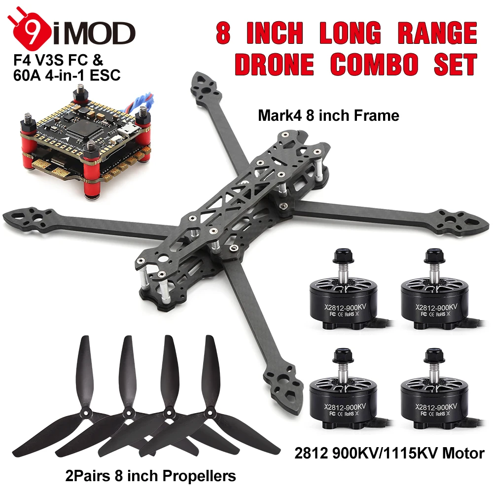 

9IMOD Mark4 8inch 375mm Wheelbase Carbon Fiber Frame 5mm ArmX2812 900/1115KV Brushless Motor 8inch Propeller for 8" Drone