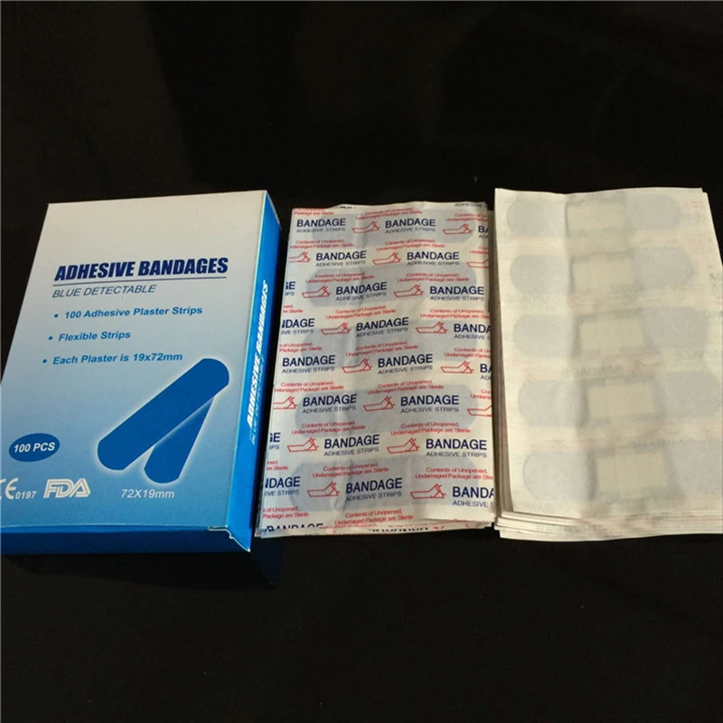 100Pcs/Box Blue Waterproof Medical Wound Band Aid With Detectable Metal Hemostasis Adhesive Bandage Food Hotel Chef Use