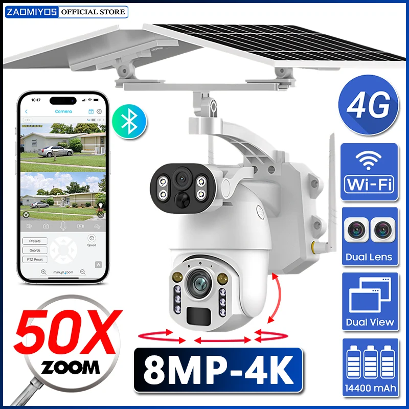 ZAOMIYOS 4G Sim Card/WIFI 180° Ultra Wide View Angle Solar Camera Outdoor 8MP Dual Lens 4X Zoom Human Detection Security Camera