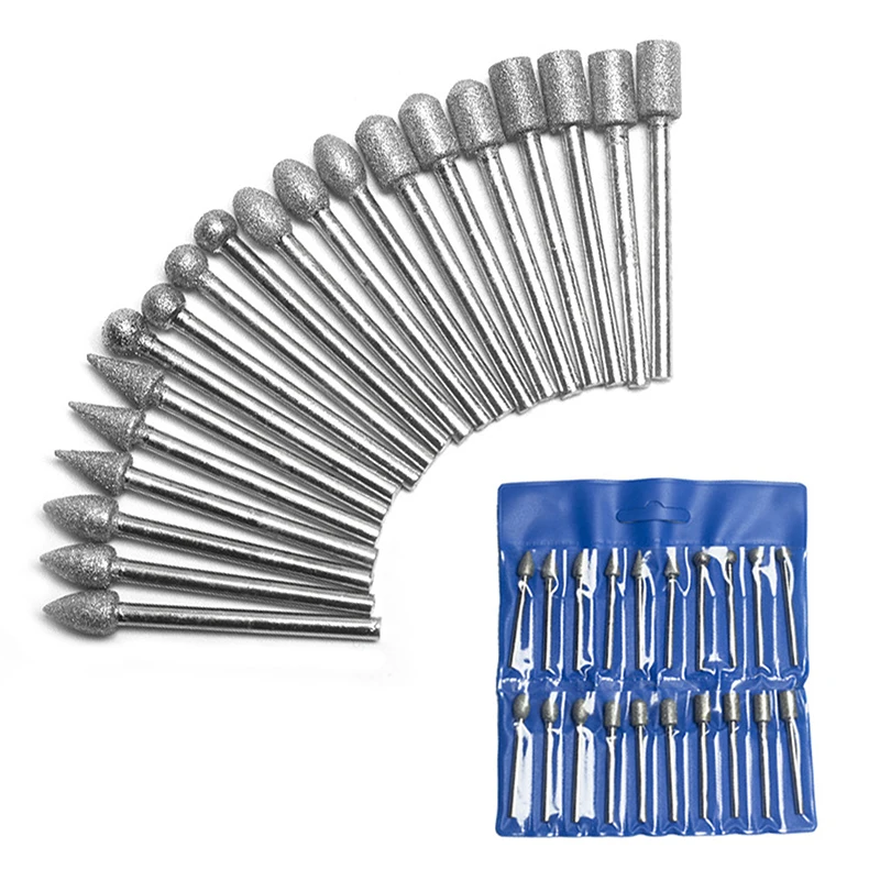 Kit di punte da trapano con mini teste diamantate da 20 pezzi, utensili per molatura rotativa con gambo da 3 mm