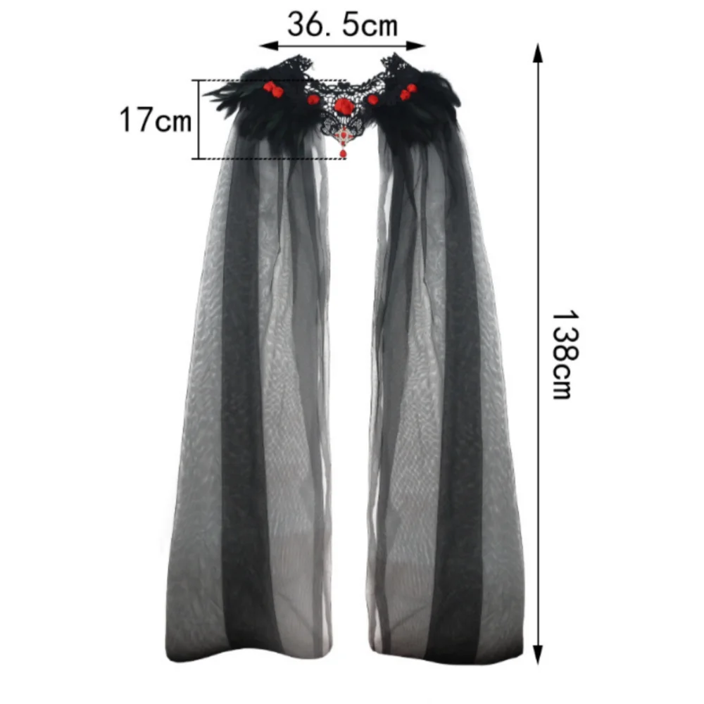 

Halloween Witch Cloak Gothic Black Feather Shoulder Veil Red Rose Feather Cape Lightweight Lace Mesh Shawl Cloak For Cosplay