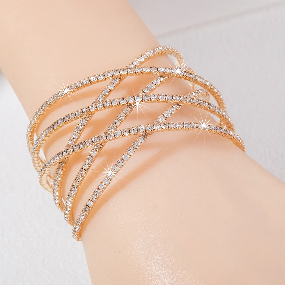 6 Layer Rhinestone cuff Bracelet Elastic Metal bangle Women