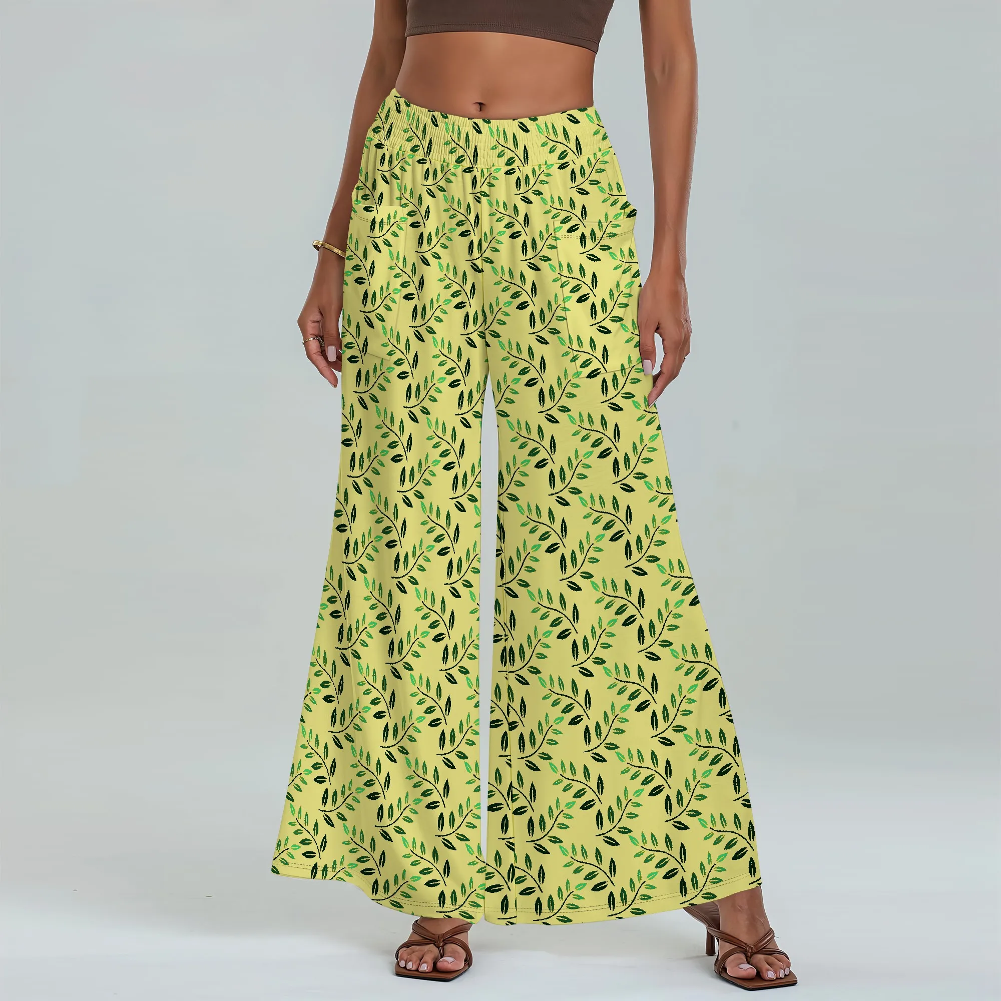 Women's Wide Leg Pants with Pockets Leaf Pattern for All Seasons Casual Comfort  Botanical Garden Market Walk