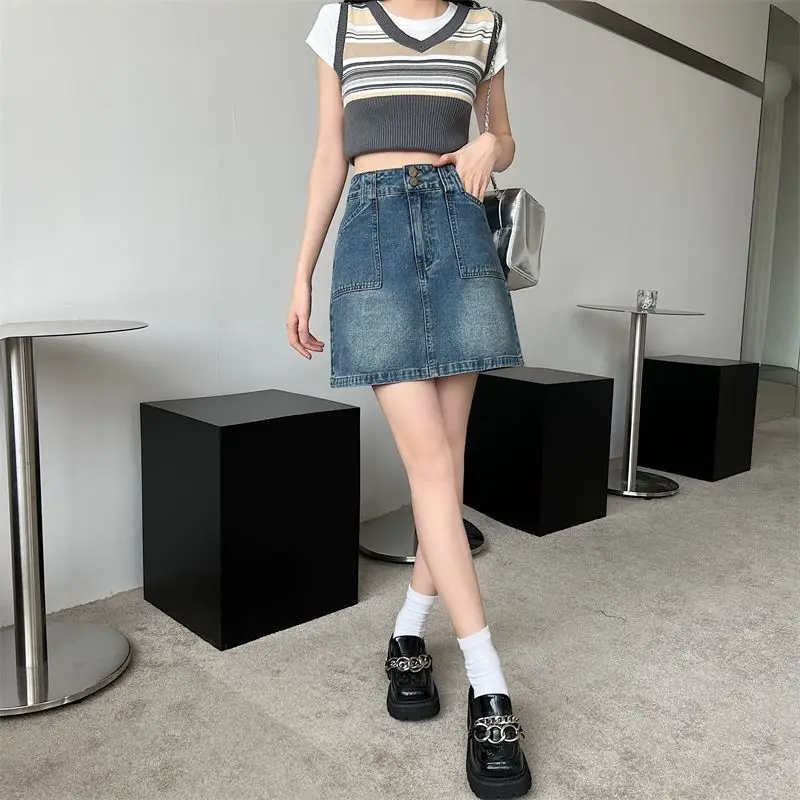 

Женская джинсовая мини-юбка с высокой талией в стиле ретро, весна-лето 2026, А-силуэт, облегающая, короткая, с защитой от скольжения