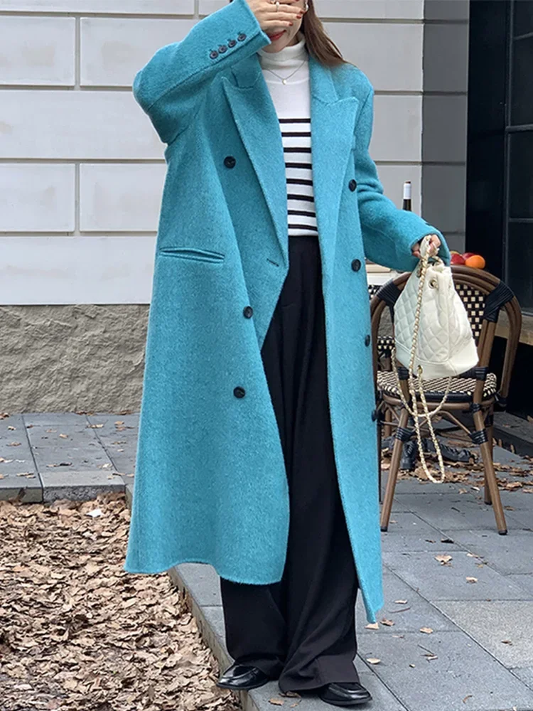 

New Blue Color Alpaca Double-sided Cashmere Coat Women Turn-down Collar Double-breasted Fashion Long Wool Coat Fit Autumn Winter