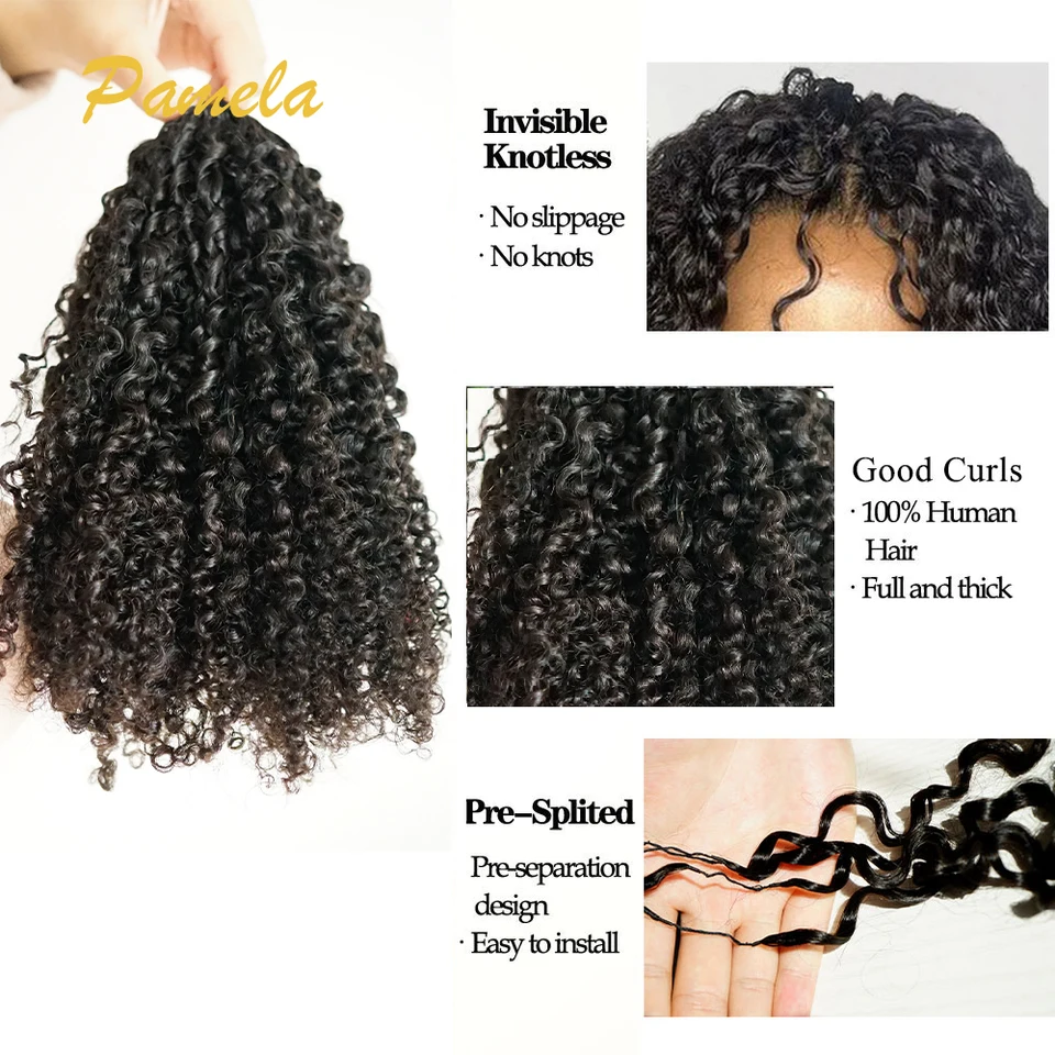Cabello afro kinky birmano curly crochet humano sin nudos, pre-separado, extensiones de cabello con plumas, 100% humano 4