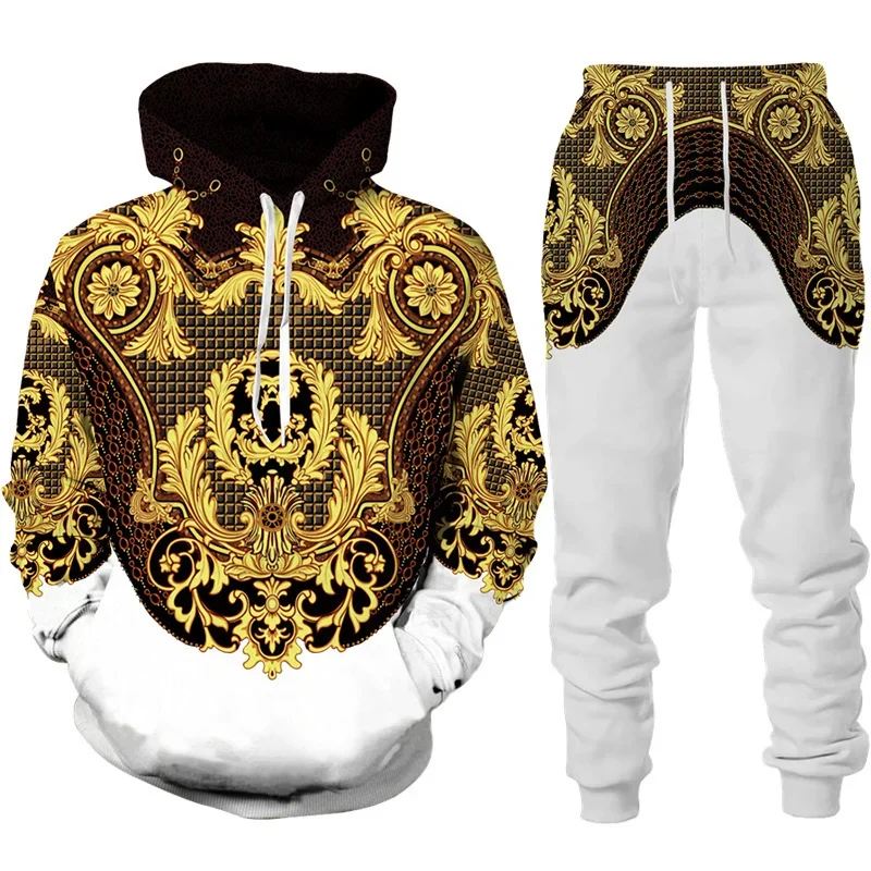 Baroque Court Style Hoodie/Suit Men\'s Luxury Golden Flower 3D Printed Sweatshirt&Trousers Set Fashion Unisex Streetwear Clothing