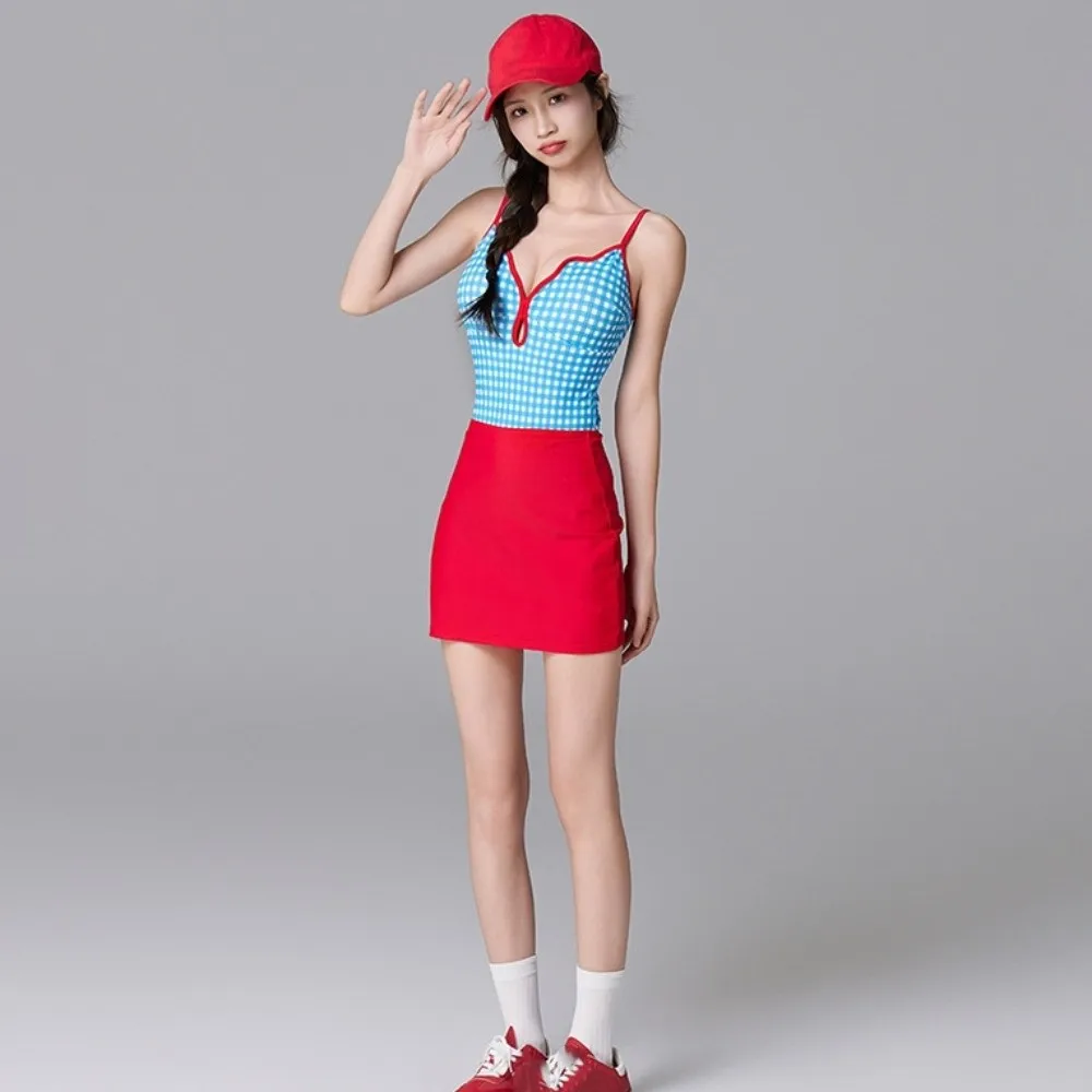 Maillot de bain à carreaux, Design amincissant, Style conservateur, jupe à jante festonnée, bleu, dos nu, ensemble Bikini