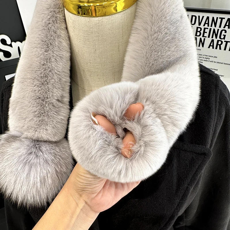 Real Rex Rabbit Fur Scarf Plush Warm Double-sided Thickened Fur Scarf With Fox Fur Ball  Keep Warm In Winter Real Fur Collar