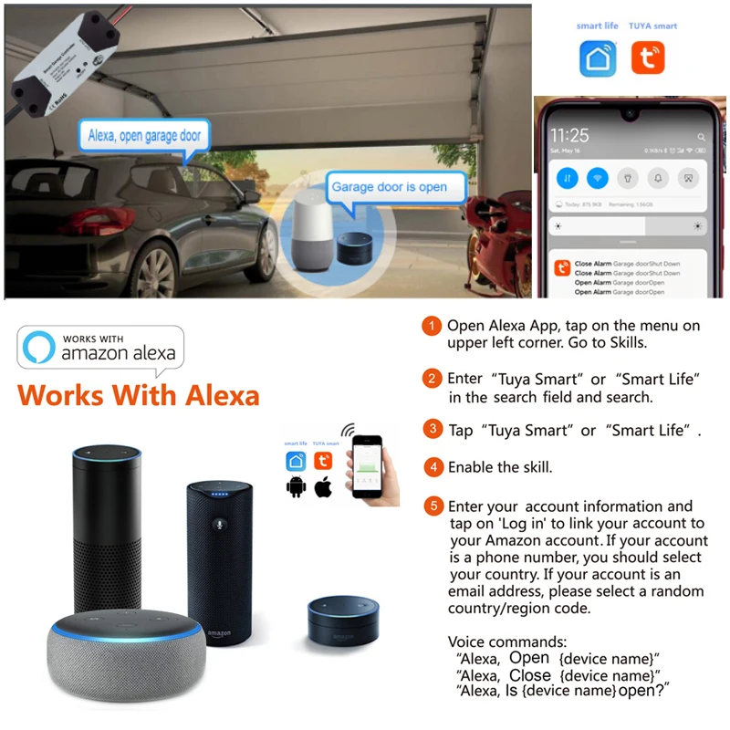 AC WiFi Switch Smart Garage Door Opener Controller Work With Alexa Echo Google Home SmartLife/Tuya APP Control No Hub Require