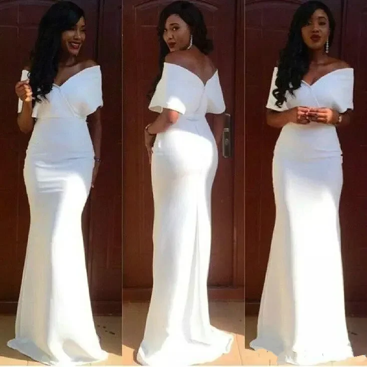 White Cheap Bridesmaid Dresses Long Mermaid Off Shoulder V Neck Wedding Guest Dress Floor Length Satin Party Gowns Custom Made