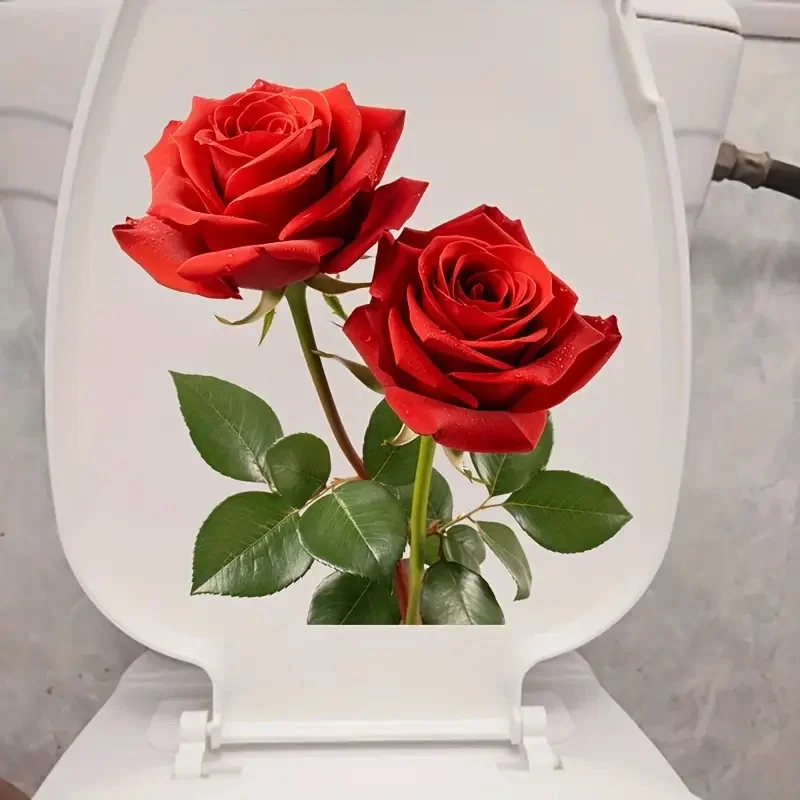 Romantic Red Rose Toilet Stickers, Bright Wall for Home, Cabinet, Door,Refrigerator  Decoration, Vinyl Car Decals, Art Wallpaper