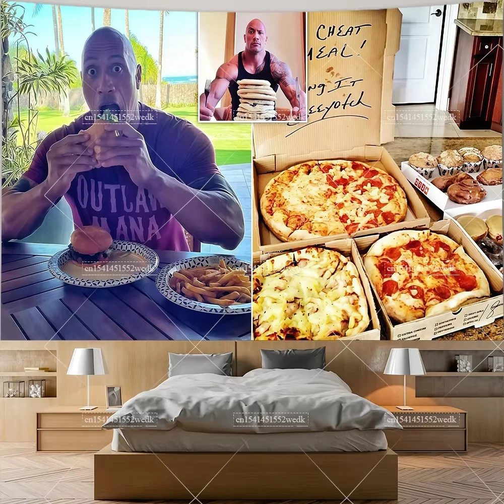 Cheat Day Breakfast The Rock Eating Blueberry Pancakes Flag Tapestry Dwayne Johnson Meme Tapestrys Aesthetic Room Decor Banners