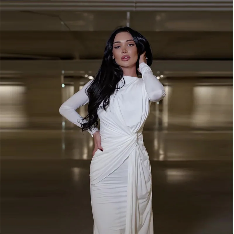 새로운 라운드넥 주름 허리끈 슬림 단색 우아한 화이트 긴팔 드레스 여성 우아한 패션 롱 가운