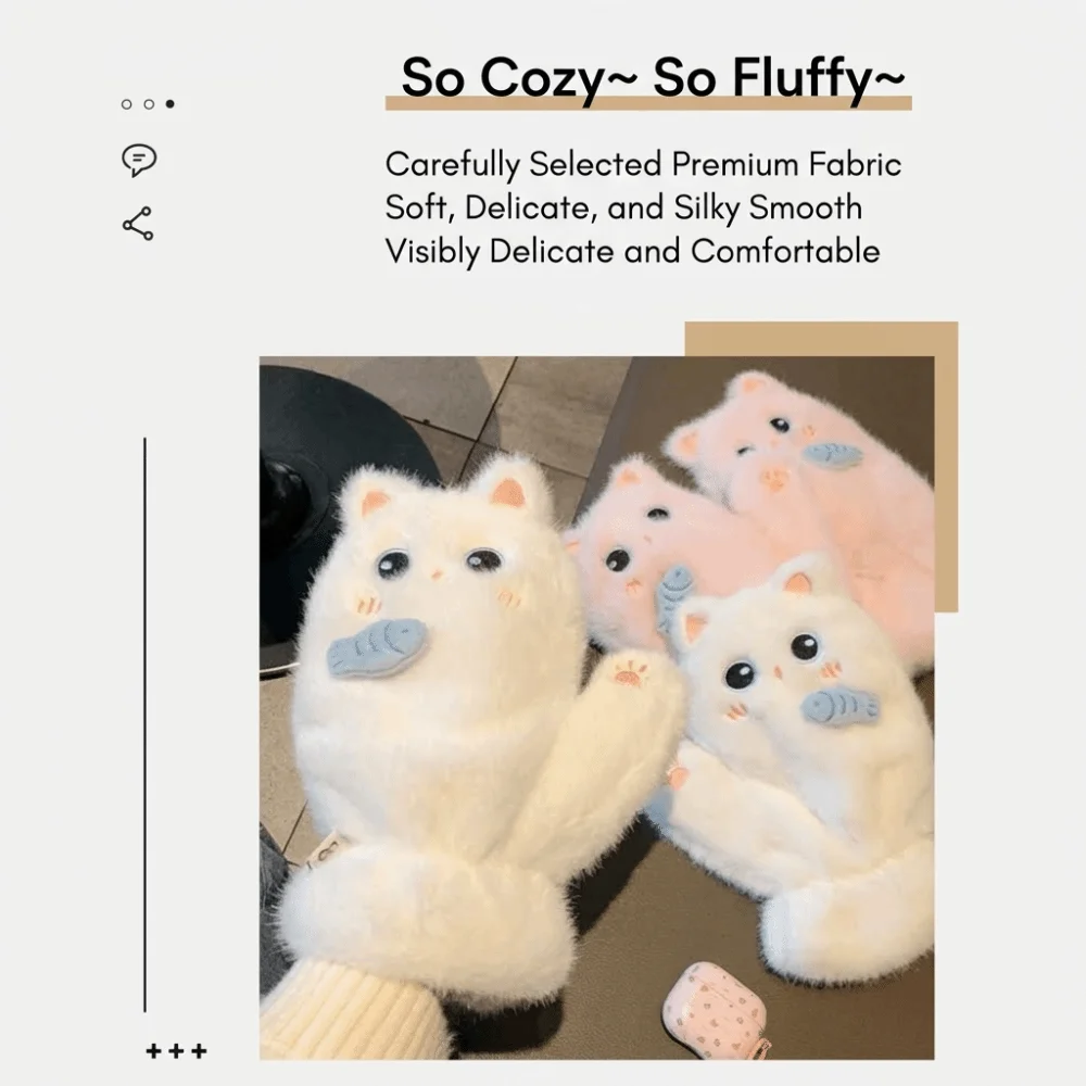 Polyester Fleece Lined Fluffy Full Cover Mitten Gloves Fish Pattern Full Coverage Winter Gloves Cute Cat Gloves For Women