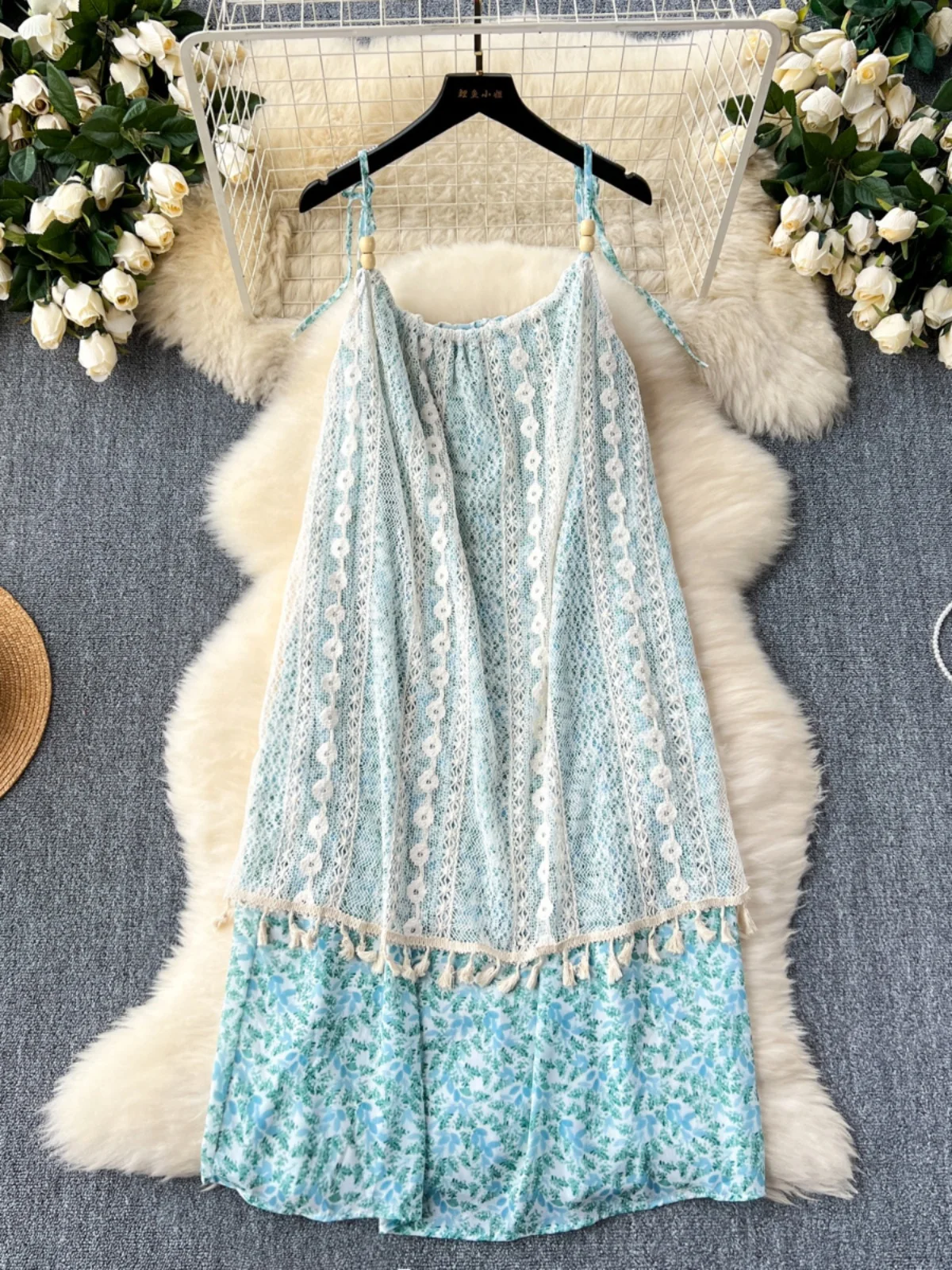 Foamlina Gebloemde Kanten Kwastjes Patchwork Sling Dress Vrouwen Zomer Mode Boho Print Mouwloze Vakantie Aan Zee Losse Midi Jurk