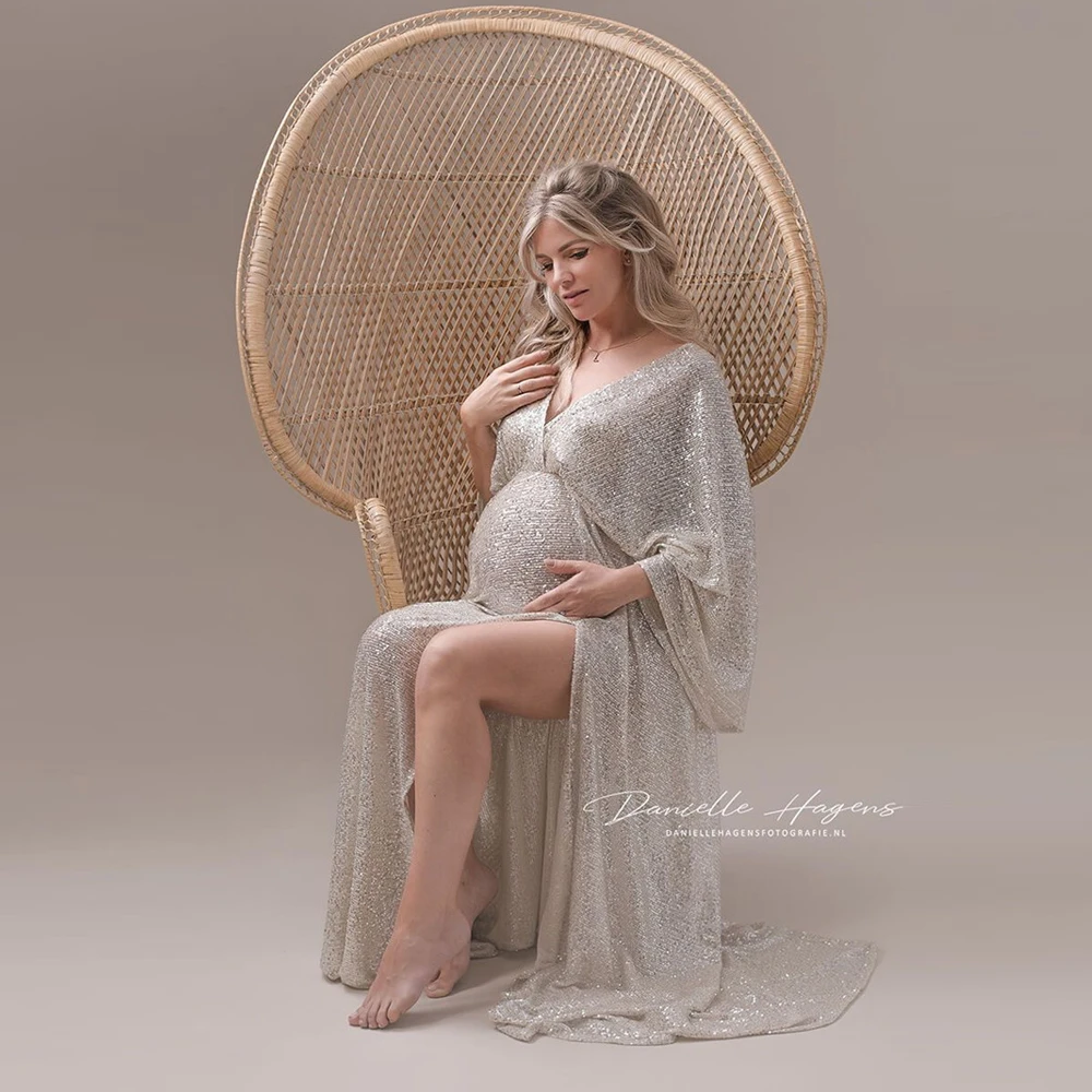 Bohemian Photo Shooting Pregnancy Dress Maternity Photography V-neck Sequined Sexy Transparent Side Slit Pregnancy Dress