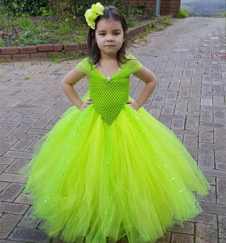 Girls Yellow Bella Princess Dress Kids Crochet Tulle Tutus Ball Gown with Red Flower Bow Children Birthday Party Costume Dresses