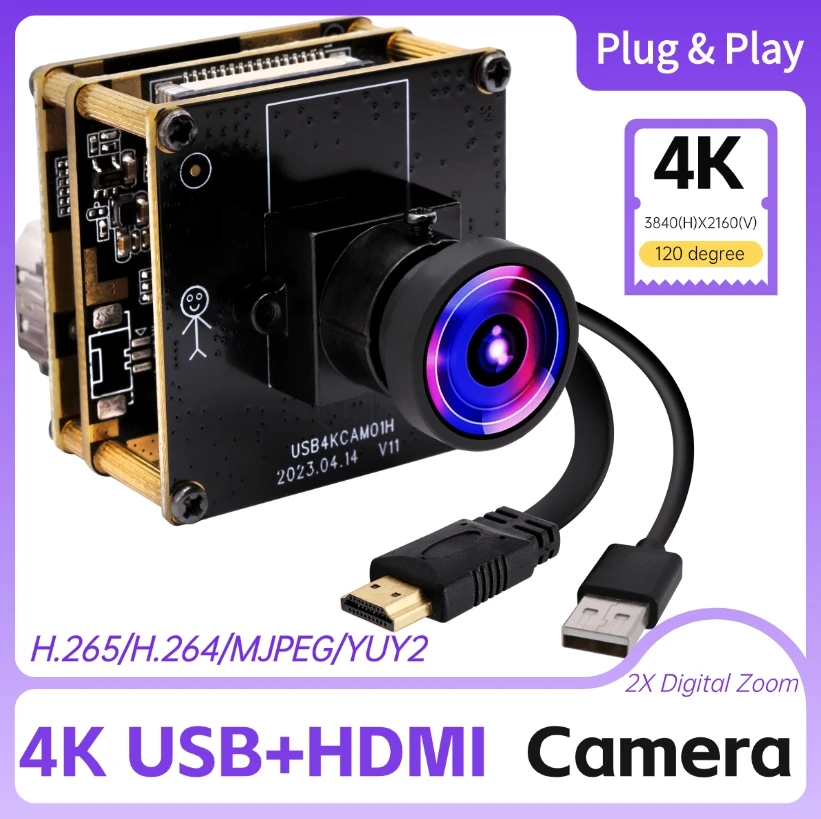 ELP Ultra HD 4K 30fps USB Camera Module Wide Angle No Distortion Lens HDMI Camera H.264 2X Digital Zoom Webcam for PC,Pi,Laptop