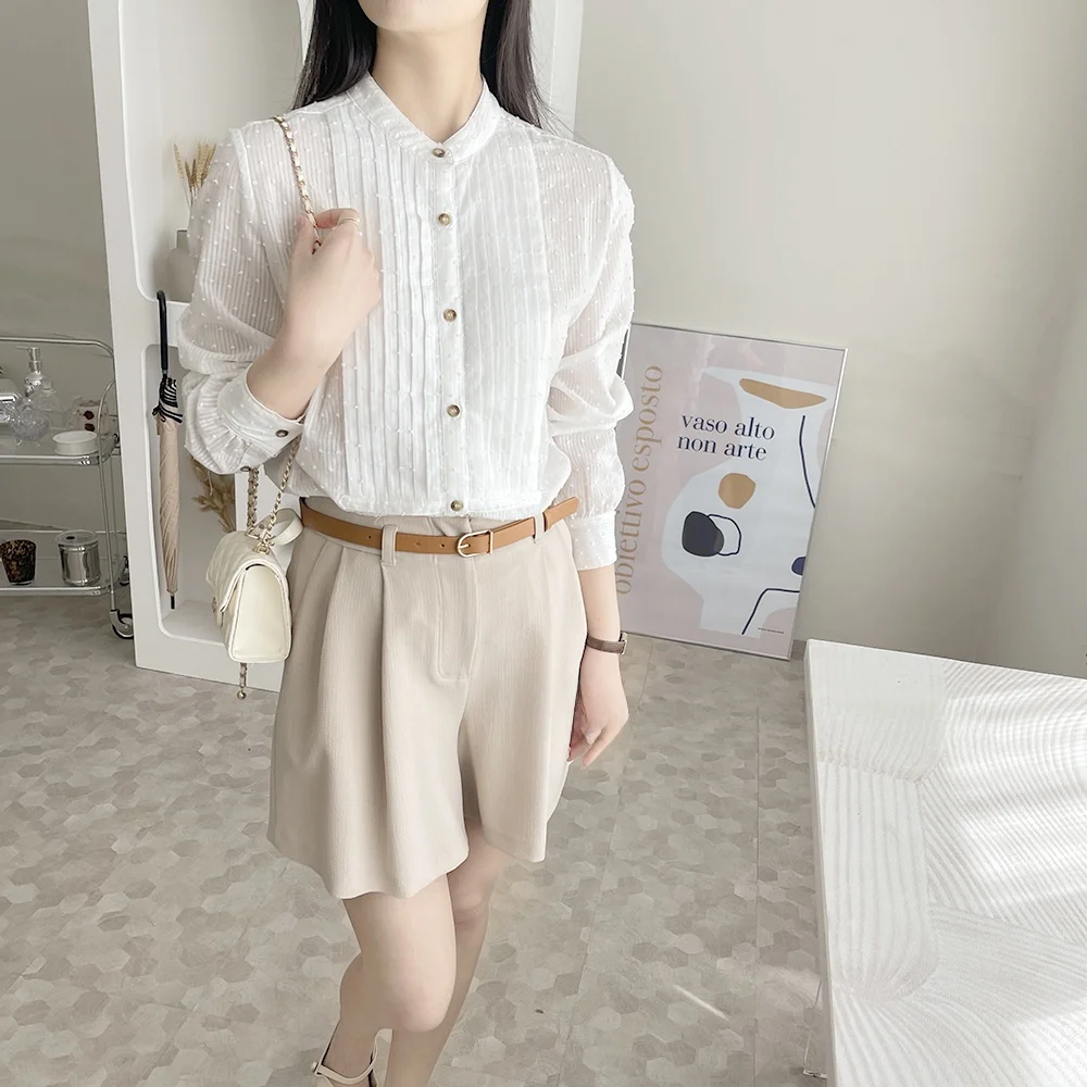   เสื้อทรงสลิมอเนกประสงค์ผ้าฝ้ายแท้ทรงกลมสไตล์เกาหลี แขนยาว แต่งกระดุม สีพื้น