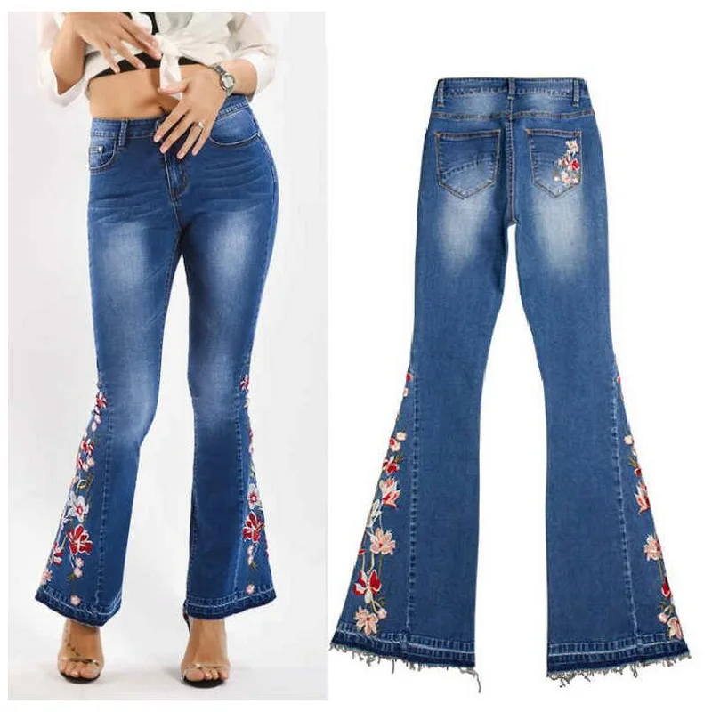 

Women's Skinny Flared Pants Street Denim Trousers Wide Leg Pants Embroidered Flower Boot Cut Jeans