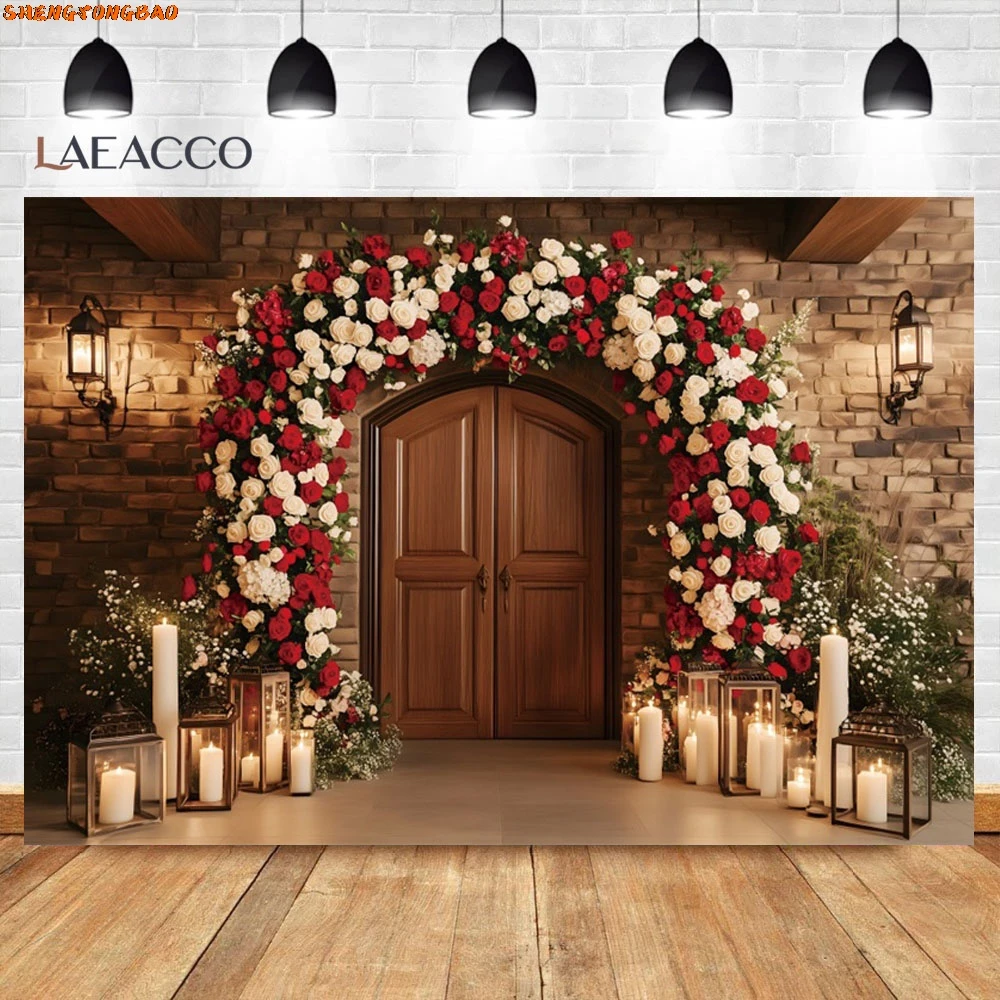 Valentine's Day Photography Backdrops Red Rose Candle Brick Wall Arch Door Wedding Bridal Shower Background Photo Booth Studio