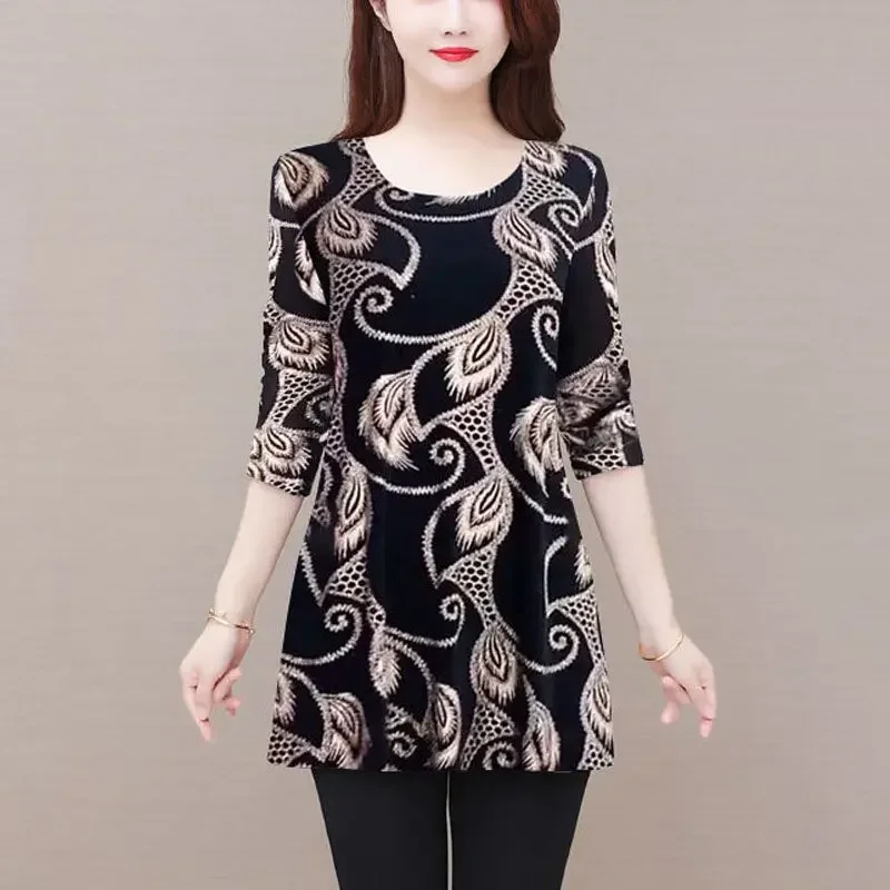 ママの長袖トップス 2024年 春秋新作 ゆったり リラックス スリム ファッション 中高年向け 丸首 プリントTシャツ