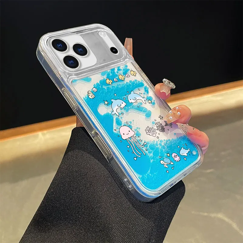 Dolphin jellyfish Floating Liquid Case for IPhone 17 Pro Max 14 16 15 Luxury Dynamic Moving Around Water Cover Clear Hard Fundas view 5