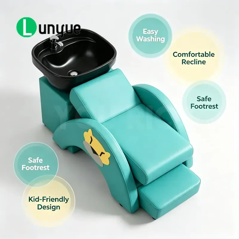 Children Shampoo Chair Cartoon Design Haircut Bed with Black Ceramic Sink Leather Furniture for Kids Hair Washing