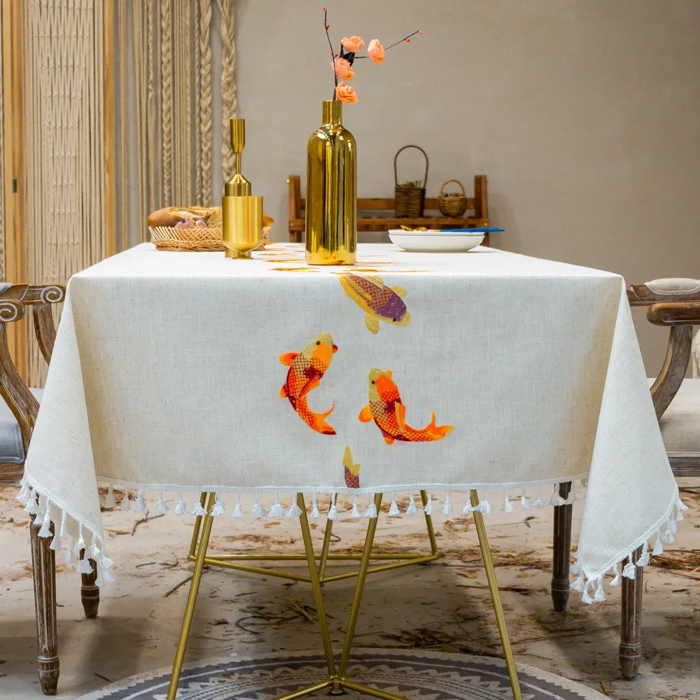 

Carp Stereoscopic Embroidery Tablecloth Cotton Linen Resistant Rectangular Tablecloth Table Party Kitchen Table Decor Tablecloth